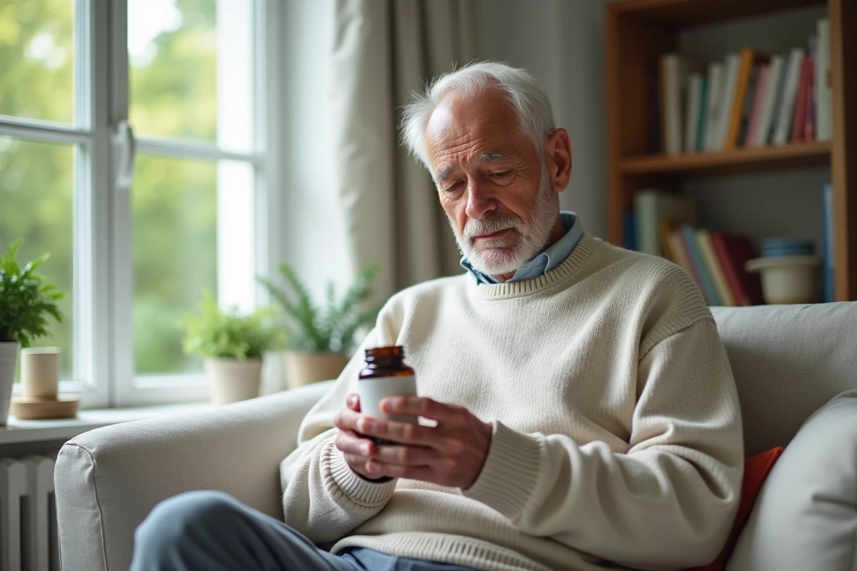 Homme &acirc;g&eacute; lisant une bouteille de suppl&eacute;ment dans un salon lumineux