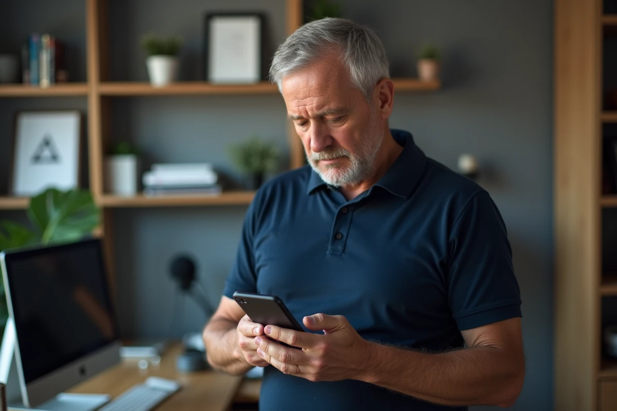 Homme consultant son téléphone avec une erreur de connexion sur l'application Laboconnect