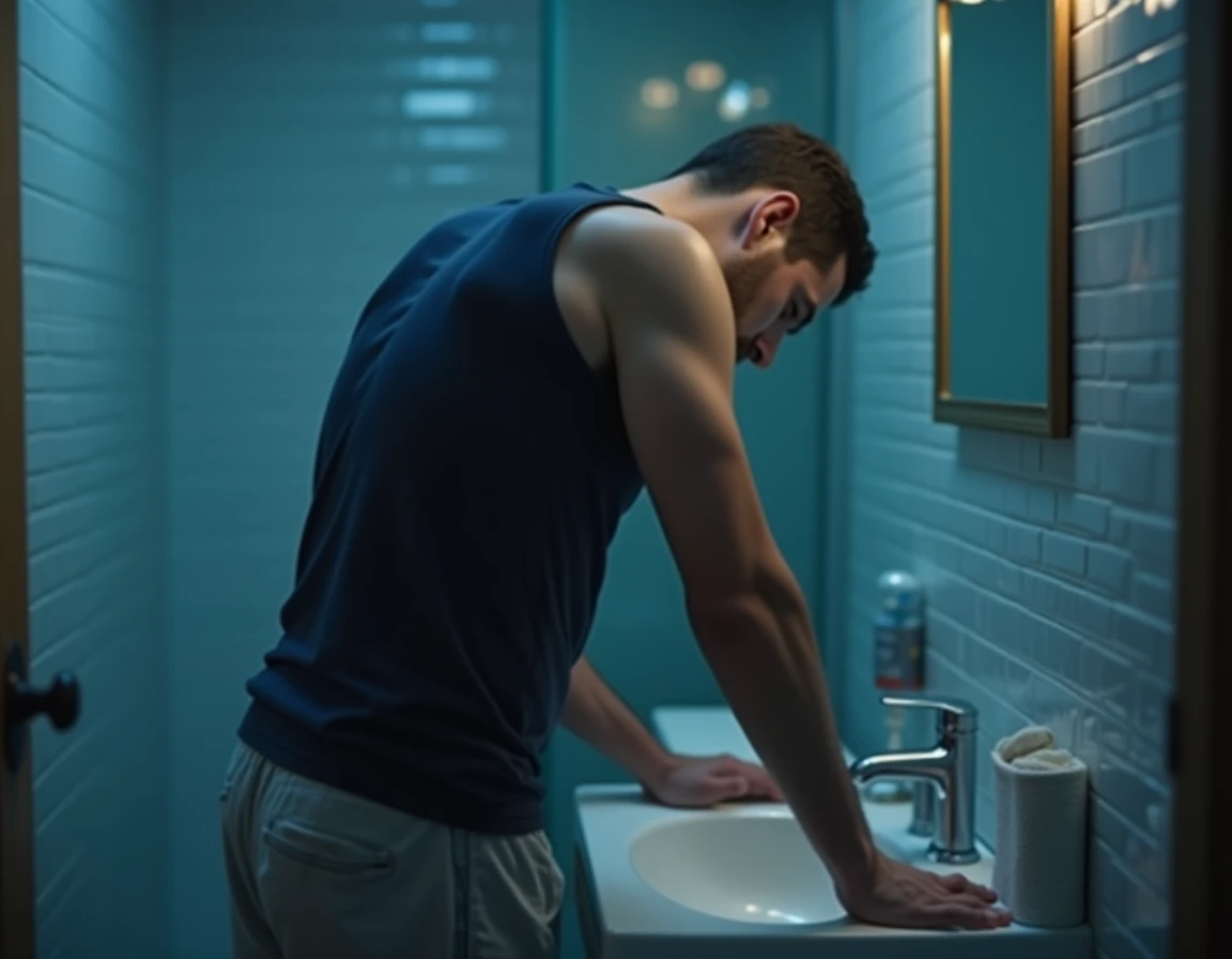 Homme en pleine nuit dans la salle de bain se penchant sur le lavabo apr&egrave;s une quinte de toux nocturne