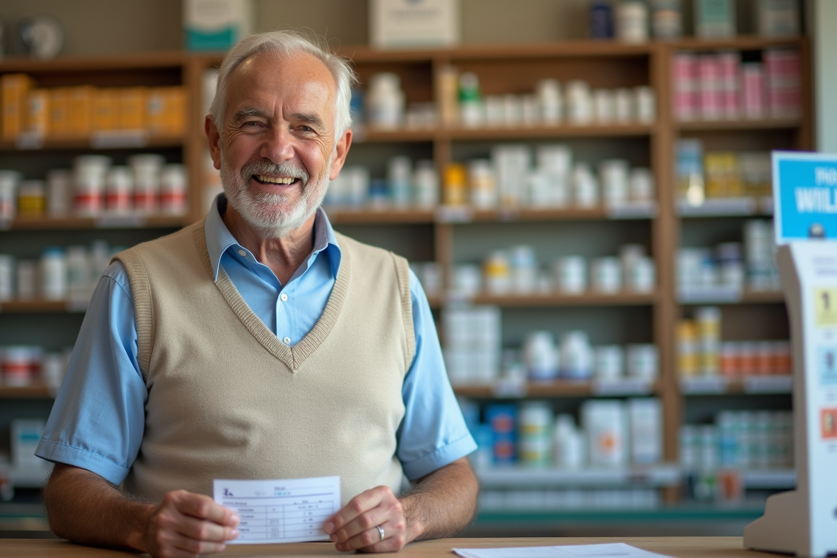 Homme âgé avec dossier de vaccination dans une pharmacie organisée