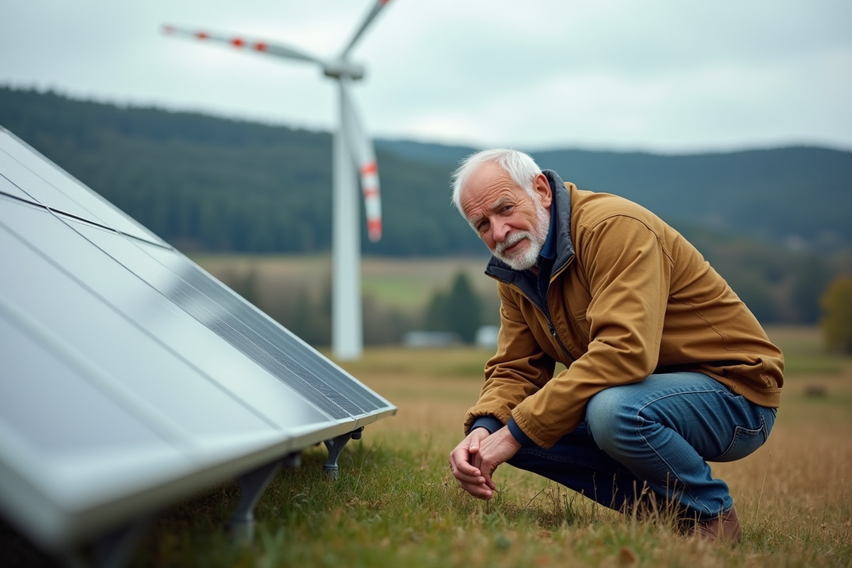 Homme âgé inspectant des panneaux solaires en campagne