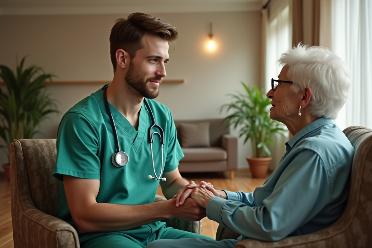 Infirmier réconfortant un patient âgé dans un salon