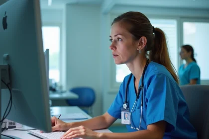 Infirmière en blouse bleue au bureau d'hôpital