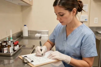 Infirmière calculant une dose médicamenteuse sur une fiche avant administration en salle de préparation