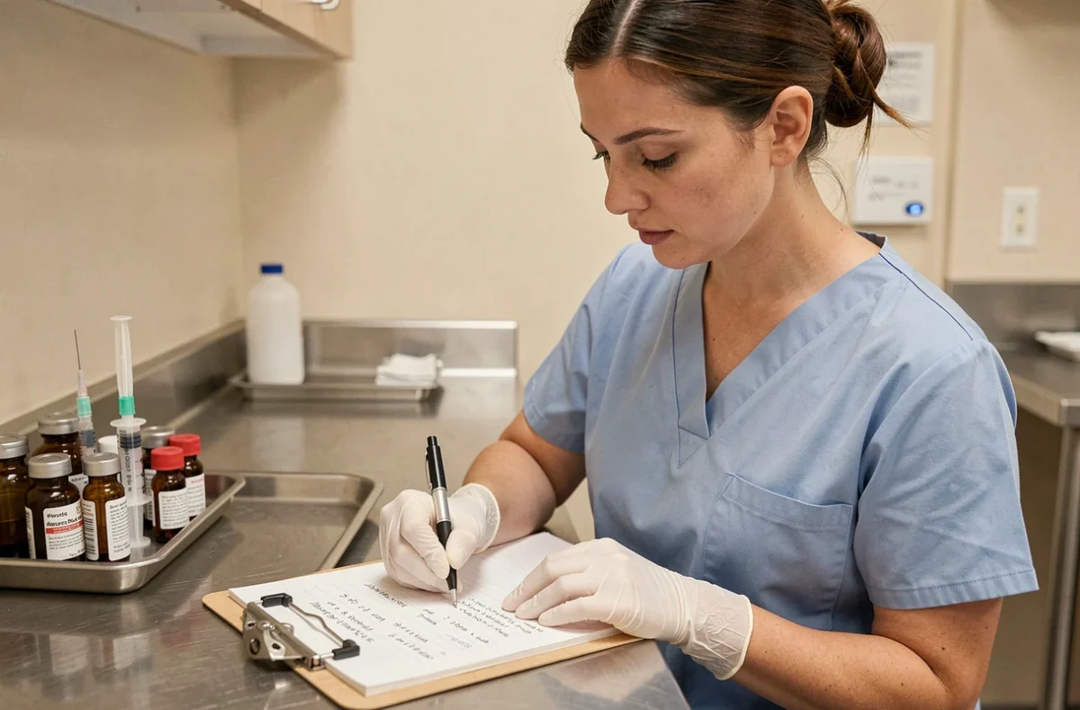 Infirmière calculant une dose médicamenteuse sur une fiche avant administration en salle de préparation