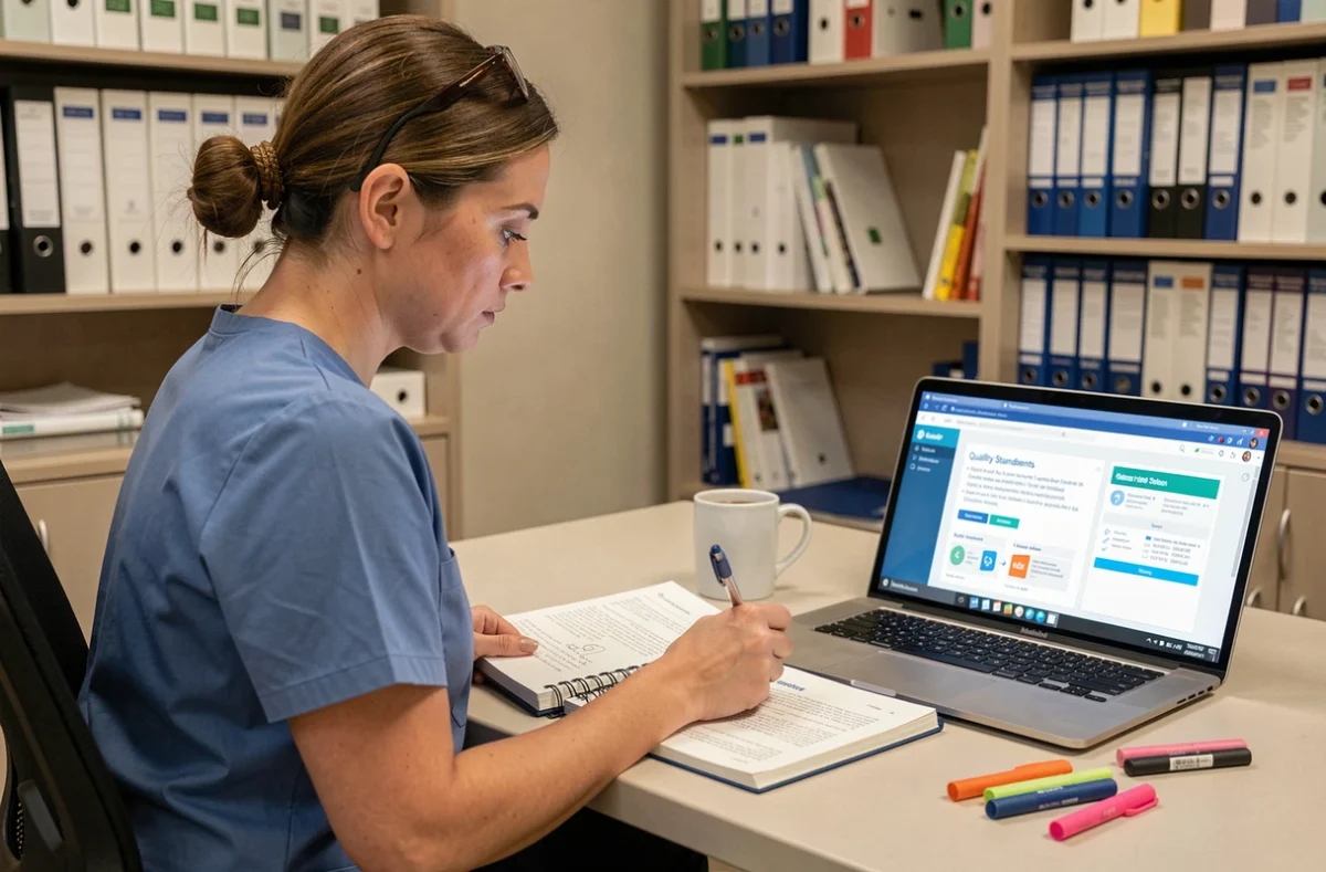 Infirmière en formation continue consultant un manuel de normes qualité et une plateforme e-learning en accréditation hospitalière