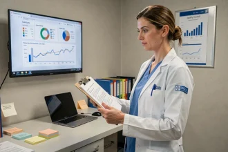 Infirmière qualité en blouse blanche analysant des indicateurs de performance hospitalière sur un tableau de bord numérique en 2026