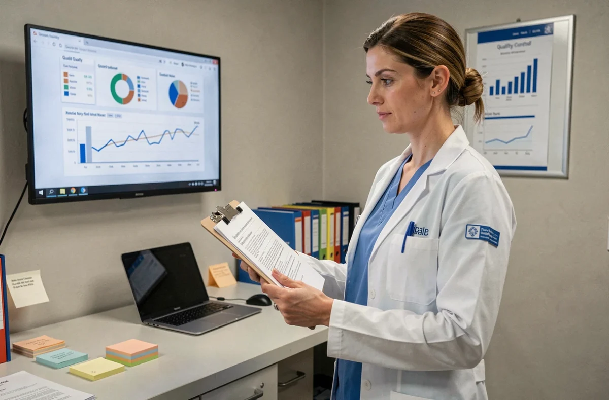 Infirmière qualité en blouse blanche analysant des indicateurs de performance hospitalière sur un tableau de bord numérique en 2026