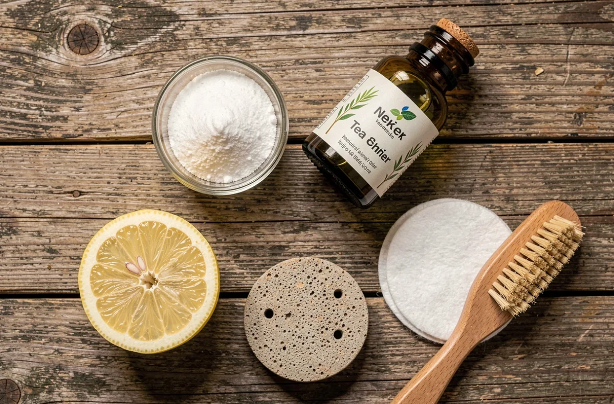 Ingrédients naturels pour ramollir les ongles des pieds à la maison : citron, bicarbonate, huile essentielle et pierre ponce
