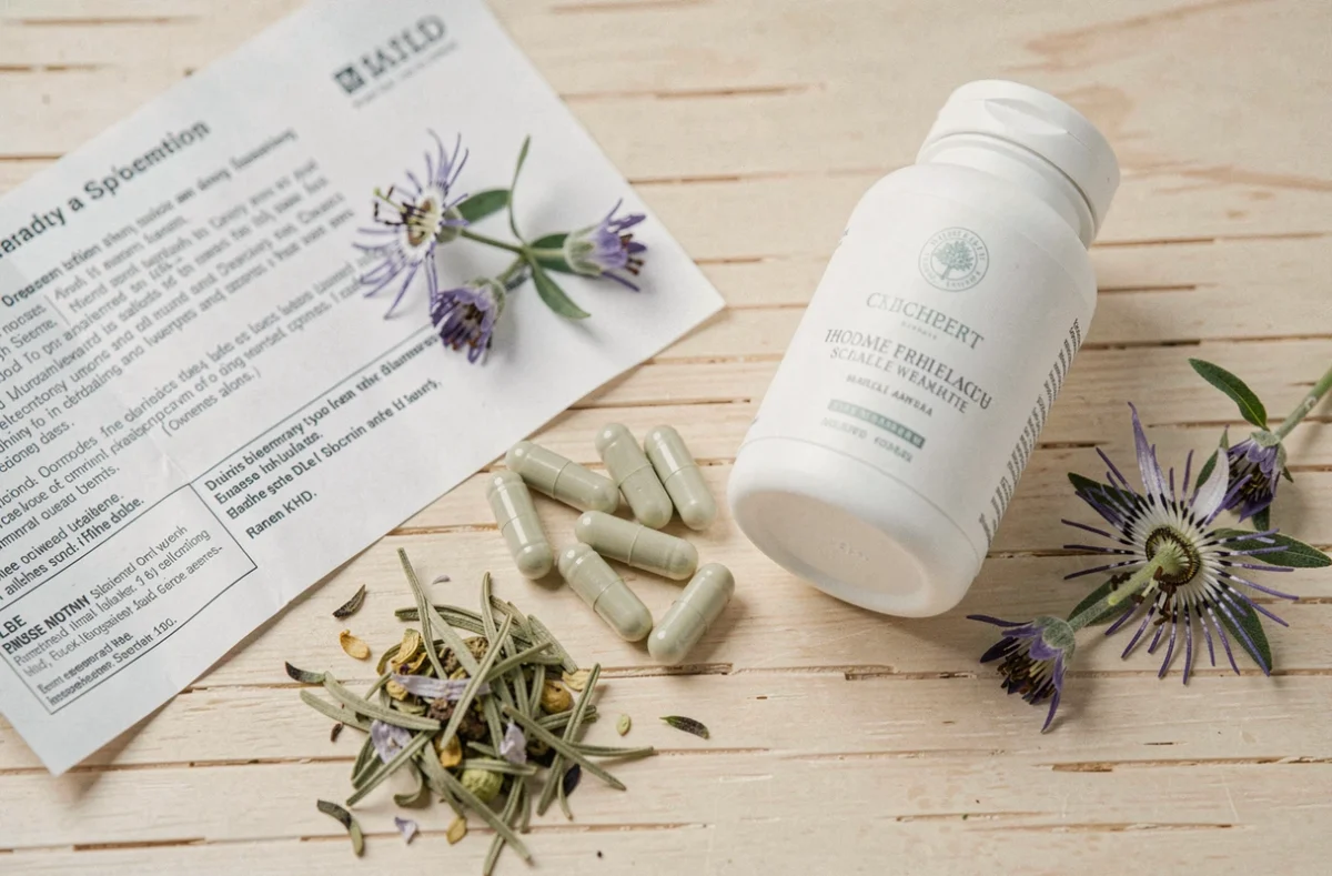 Composition flat-lay de plantes médicinales et gélules représentant les ingrédients de SuperCalm