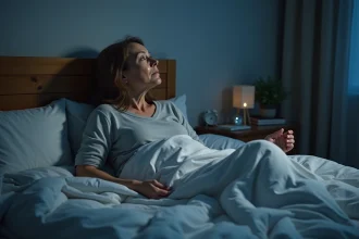 Femme de 45 ans allongée dans son lit la nuit, les yeux ouverts, une main posée sur sa jambe douloureuse, illustrant l'insomnie liée à la douleur nocturne des jambes