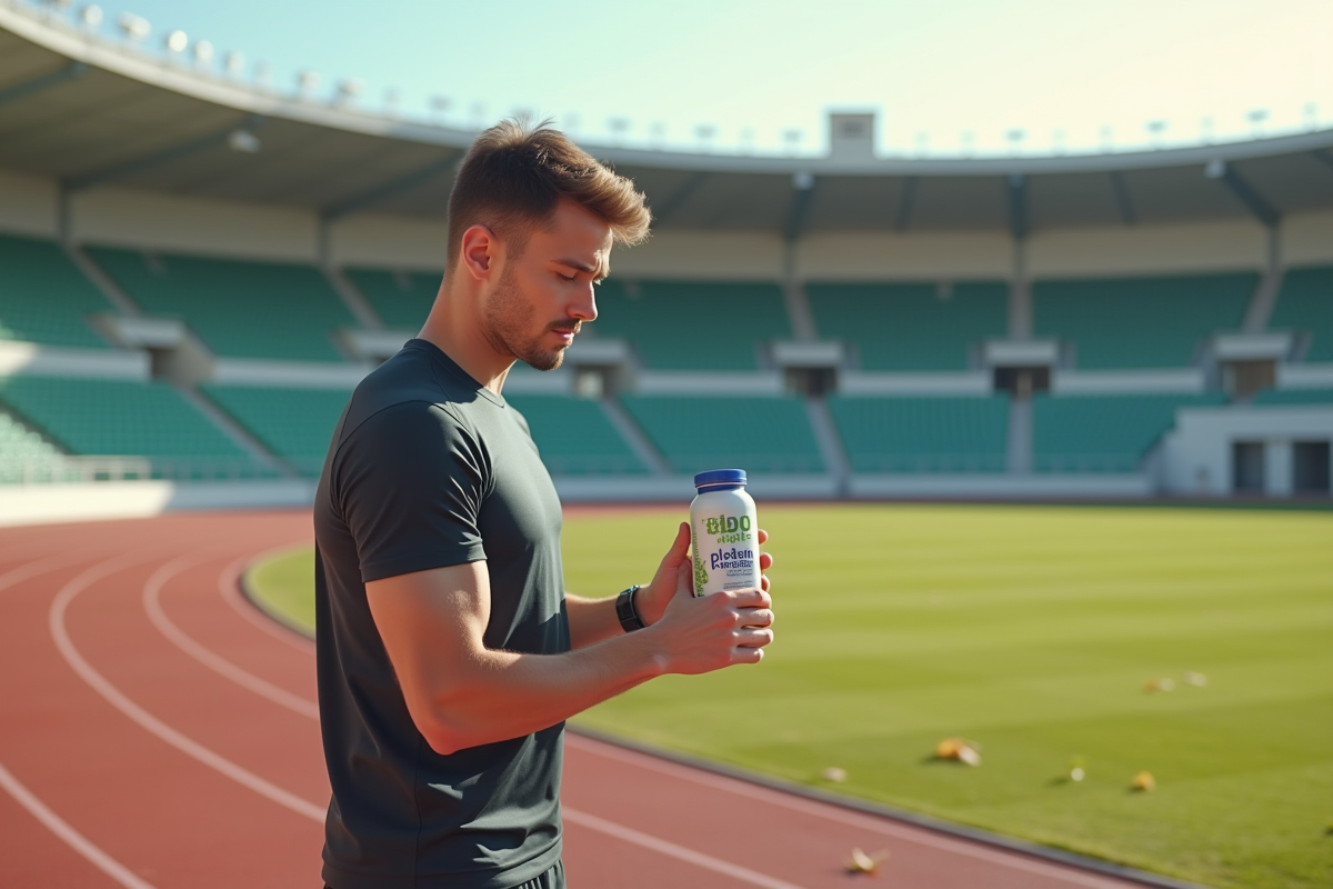 Jeune homme sportif vérifie son shake protéine en extérieur
