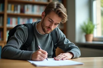 Jeune étudiant remplissant une demande de carte vitale à la bibliothèque