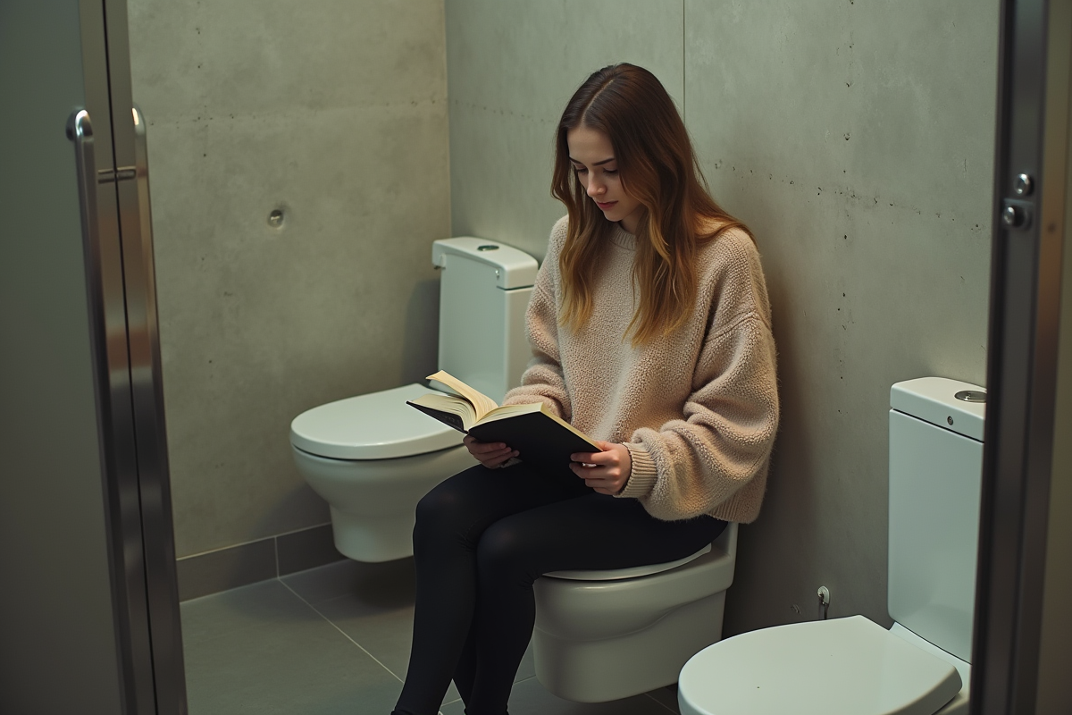 Jeune femme lisant un livre dans un toilette moderne