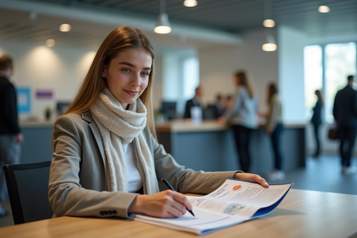Jeune femme examinant un formulaire de carte vitale dans un bureau moderne