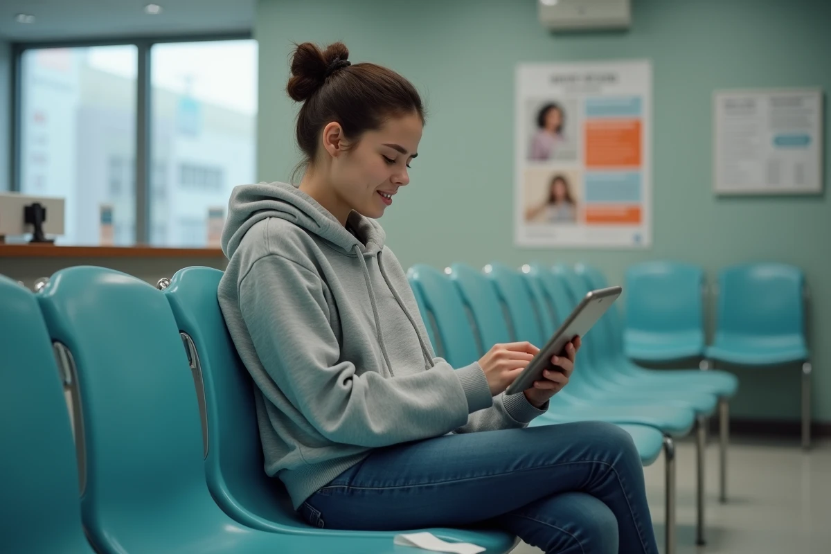 Jeune femme dans une salle d'attente médicale consultant une tablette avec un problème d'accès à Laboconnect