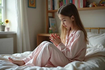 Jeune fille en pyjama assise sur son lit dans une chambre chaleureuse