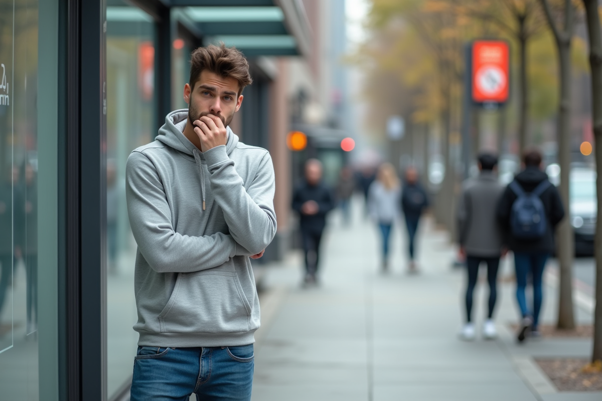 Jeune homme en hoodie se mouchant à un arrêt de bus urbain