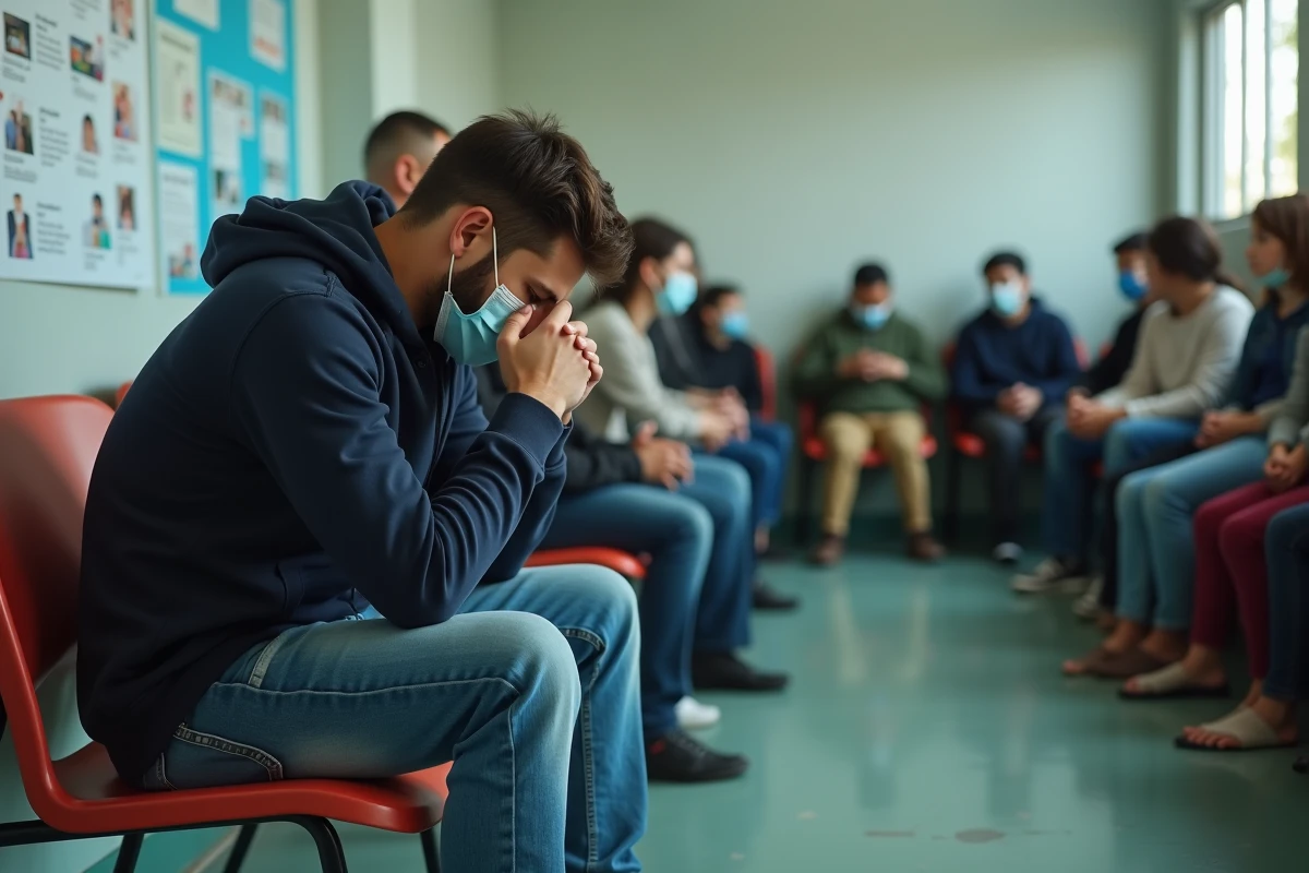 Jeune homme malade assis dans une salle d