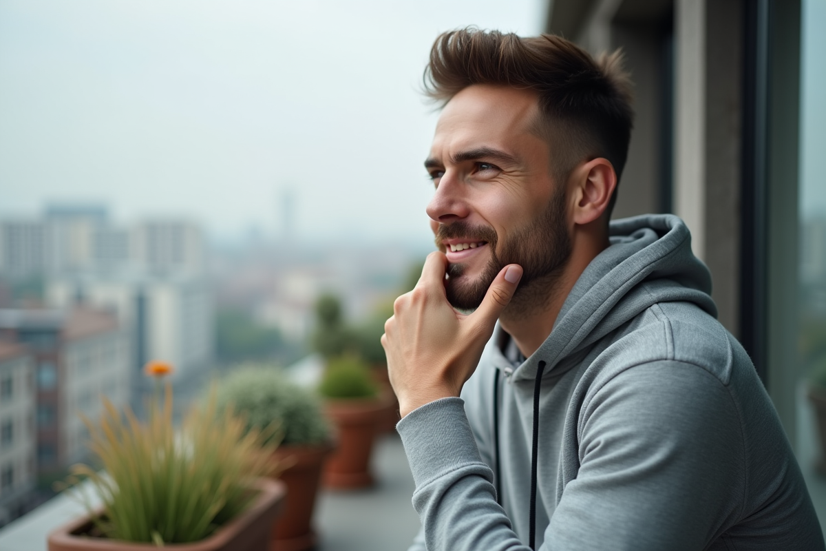 Jeune homme en balcon contemplant la ville