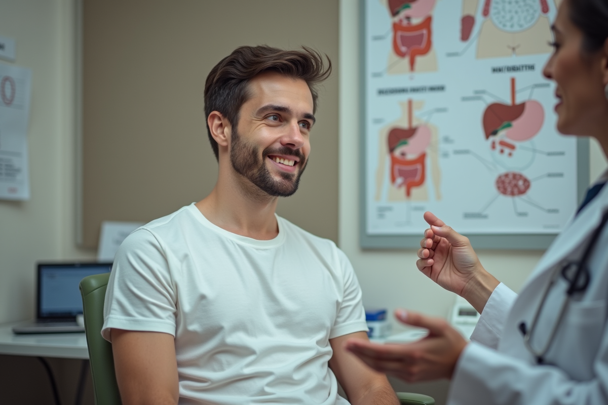 Jeune homme en consultation médicale sur la santé intestinale