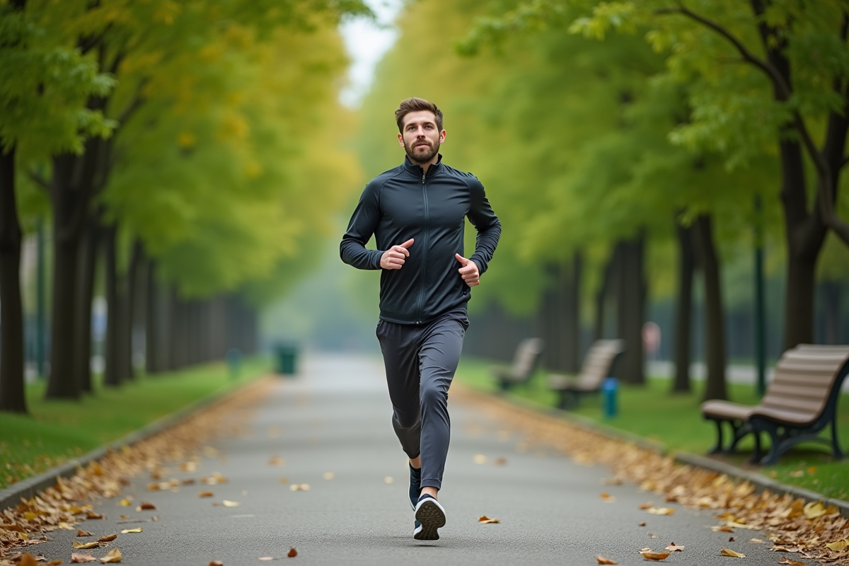 Jeune homme courant dans un parc verdoyant