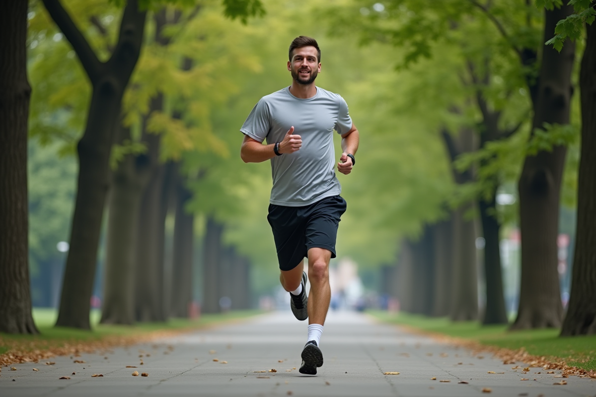 Jeune homme courant dans un parc urbain