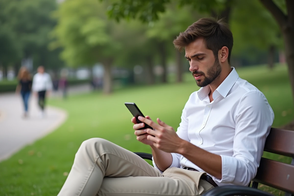Jeune homme lisant r&eacute;sultats de test au parc