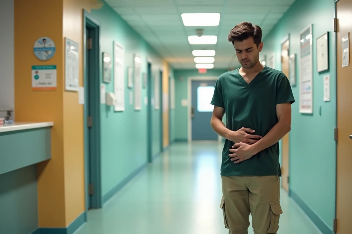 Jeune homme souffrant dans un couloir médical