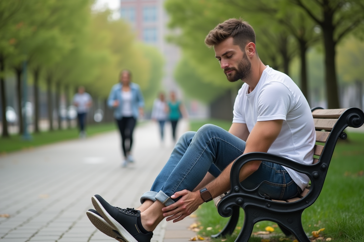 Jeune homme en jeans massant sa cheville dans un parc urbain