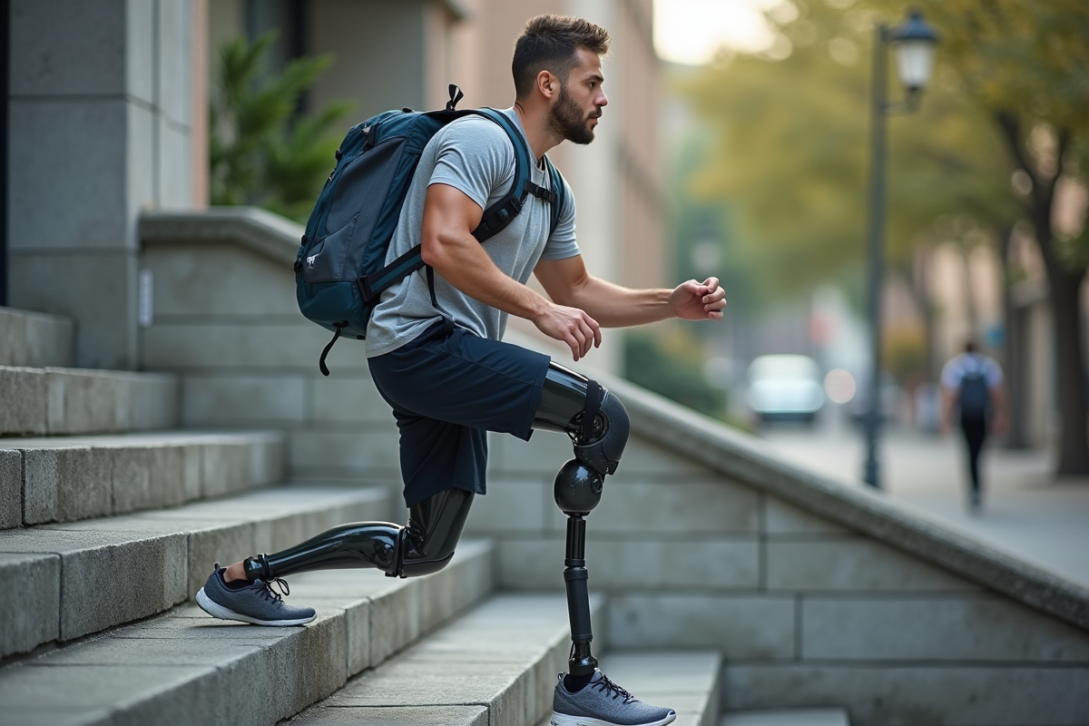 Jeune homme avec prothese montant des escaliers en ville