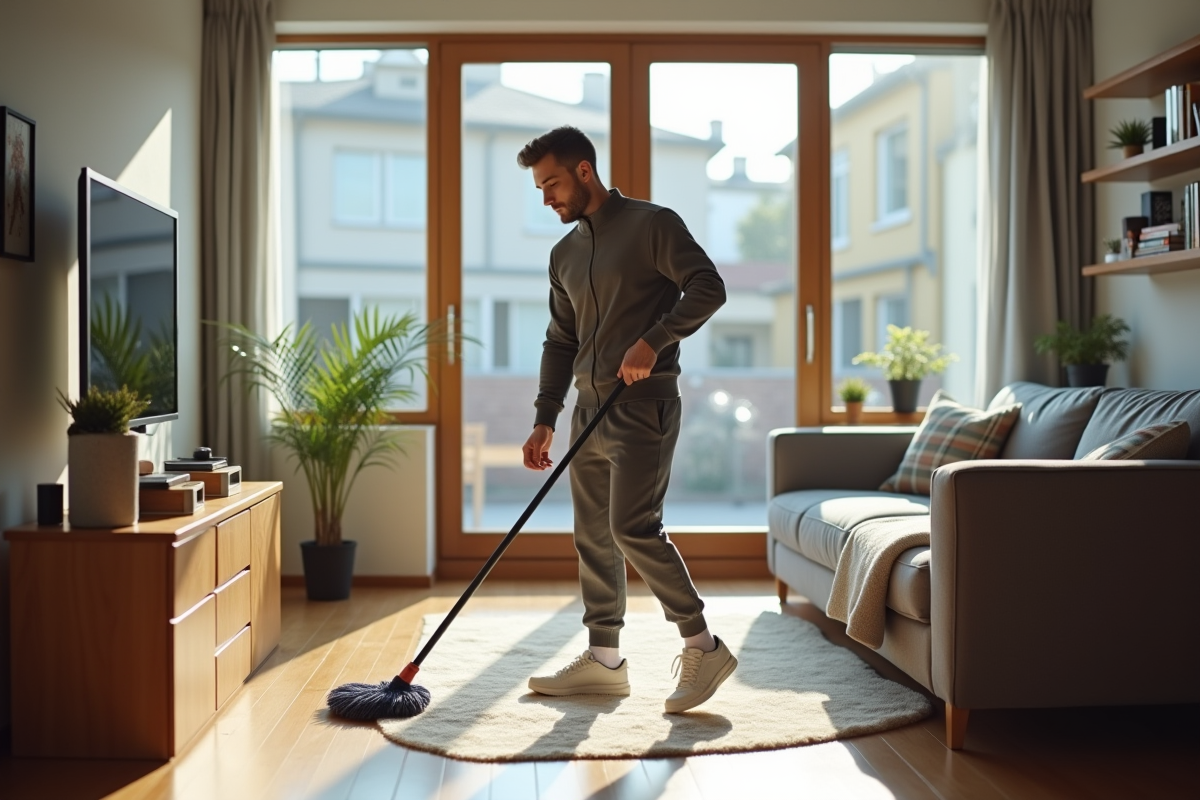 Jeune homme nettoyant le sol dans un salon lumineux