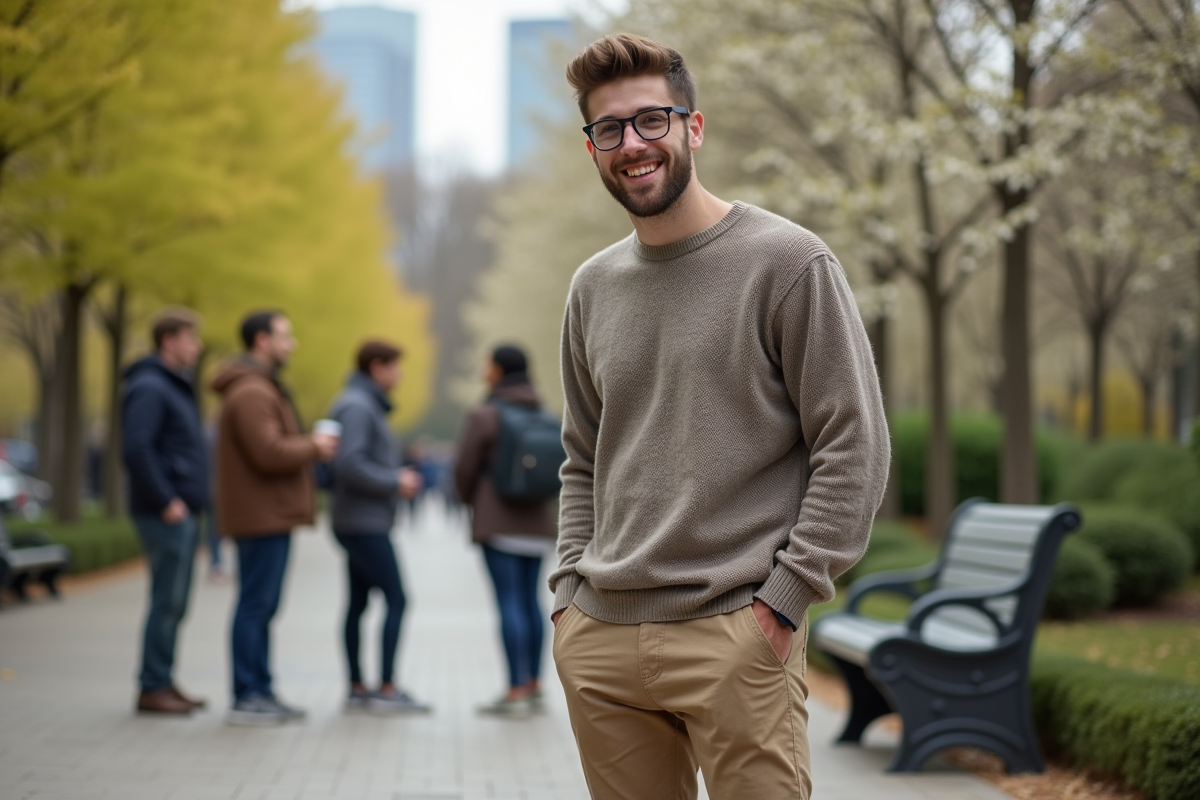 Jeune homme discutant avec un groupe dans un parc urbain