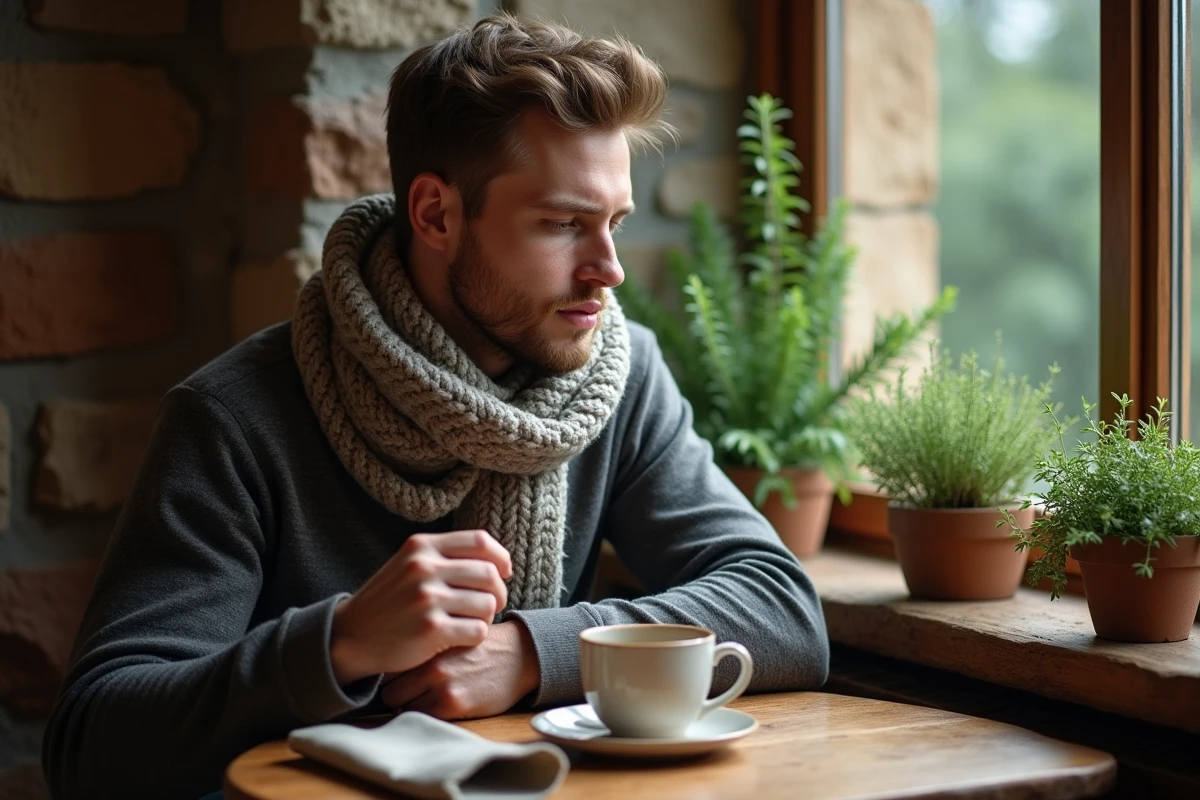 Jeune homme d&eacute;gustant un th&eacute; au thym pr&egrave;s d