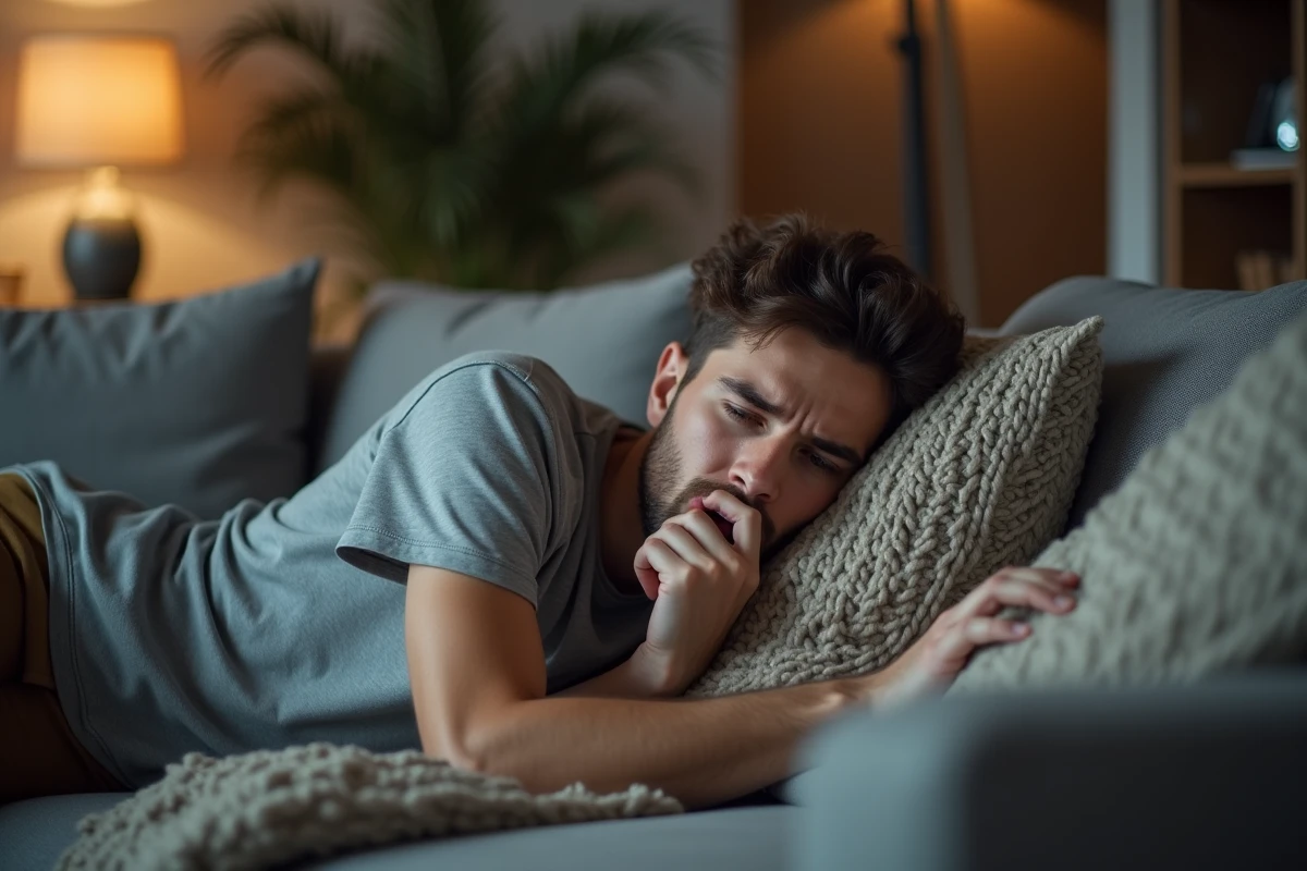 Jeune homme toussant sur un canapé moderne à la maison