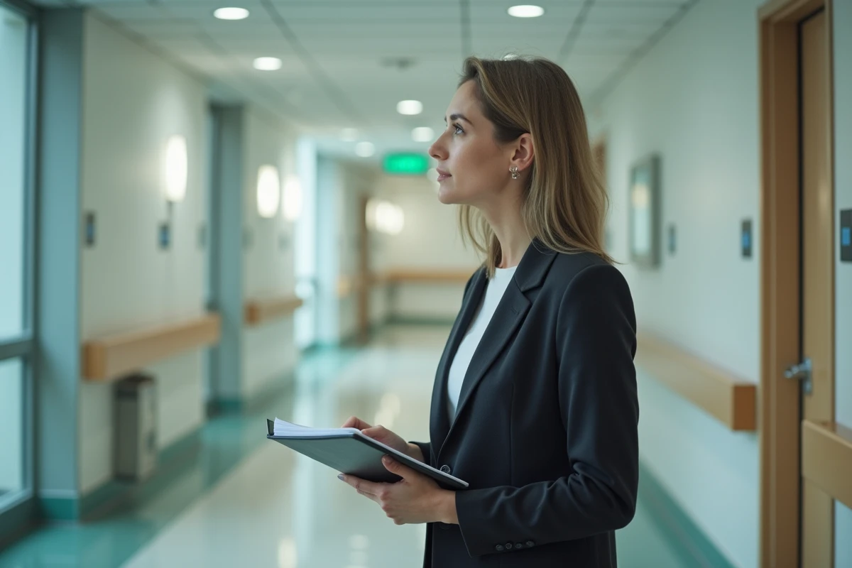 Journaliste femme debout dans un couloir d'hôpital, carnet à la main, regard méditatif, symbolisant la confrontation des professionnels des médias à la maladie