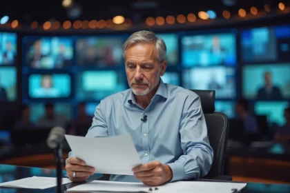 Journaliste masculin d'âge mûr assis à un bureau de presse, visage pensif, entouré d'écrans de newsroom, illustrant la gestion de la maladie dans le métier journalistique