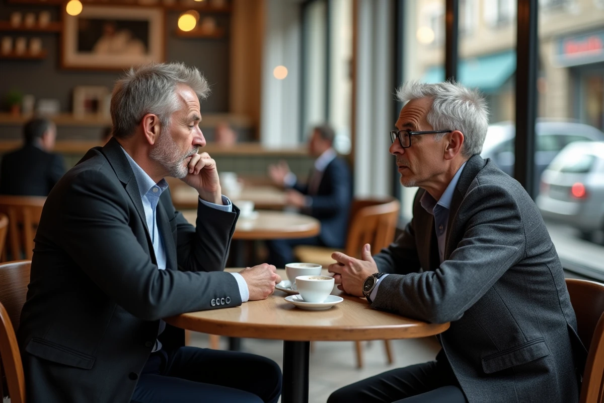 Deux journalistes en conversation sérieuse dans une brasserie parisienne, symbolisant l'entraide et le dialogue entre professionnels des médias face à l'épreuve de la maladie