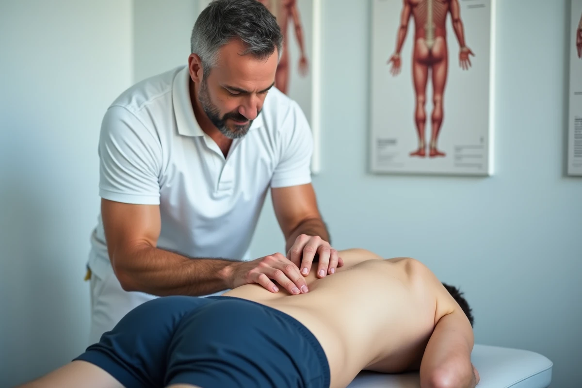 Kinésithérapeute traitant une douleur au haut des fesses d'un patient sportif en cabinet