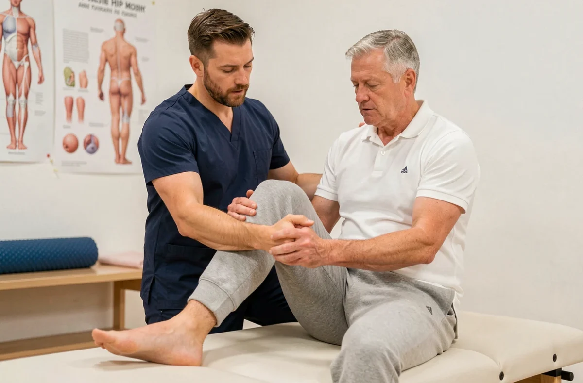 Kinésithérapeute guidant un patient sportif dans un exercice de mobilité de la hanche en cabinet de rééducation pour coxarthrose
