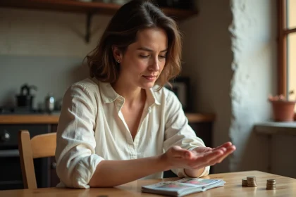 Femme regardant sa main gauche qui gratte avec des pièces de monnaie posées sur une table en bois, superstition argent