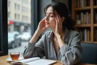 Femme tenant sa tempe gauche, introspective, évoquant une douleur spirituelle et un conflit intérieur