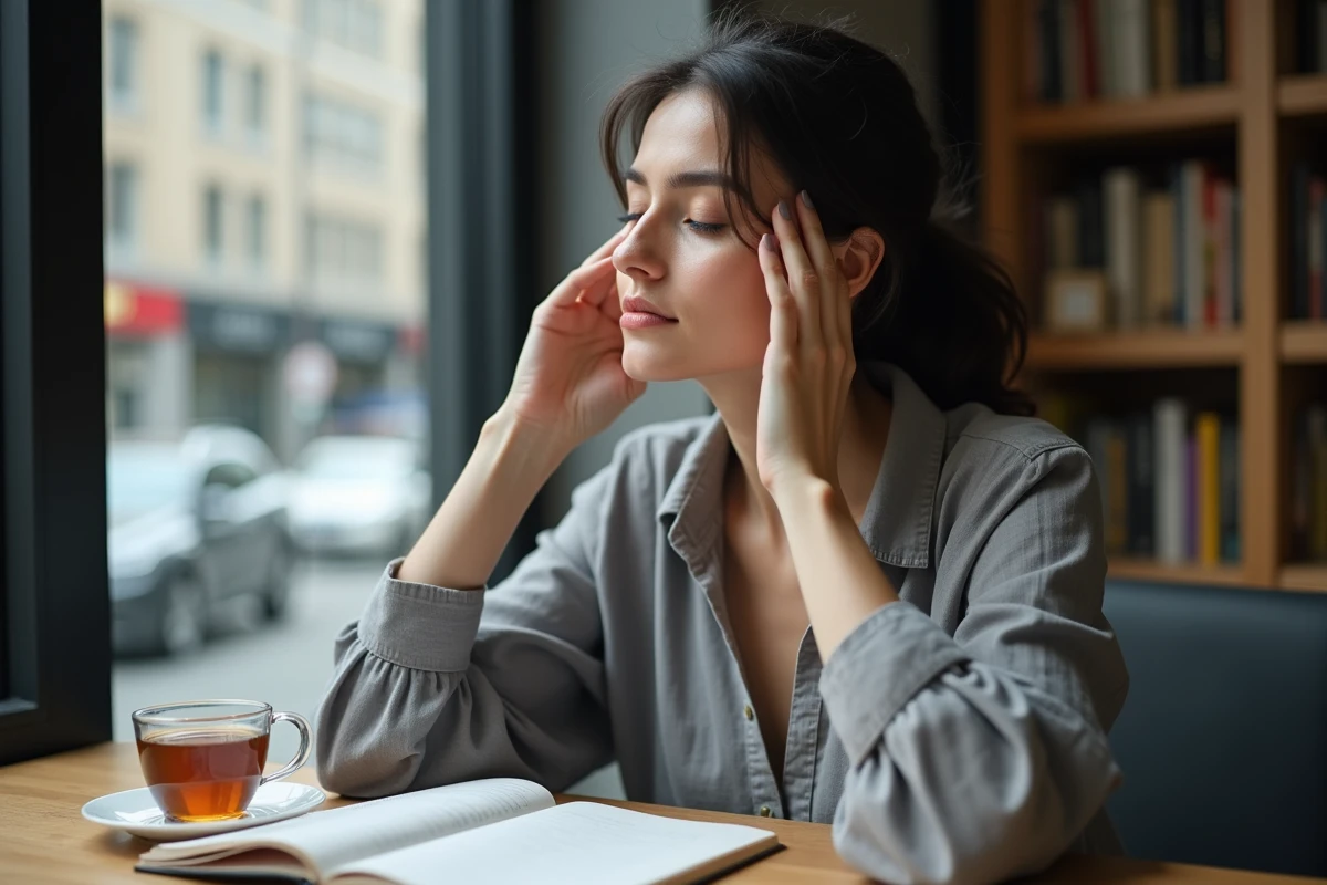 Femme tenant sa tempe gauche, introspective, évoquant une douleur spirituelle et un conflit intérieur
