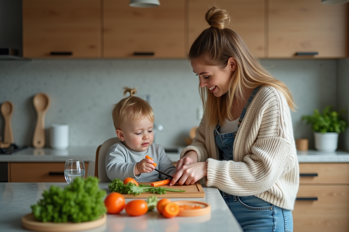 Maman préparant un repas sain avec son enfant