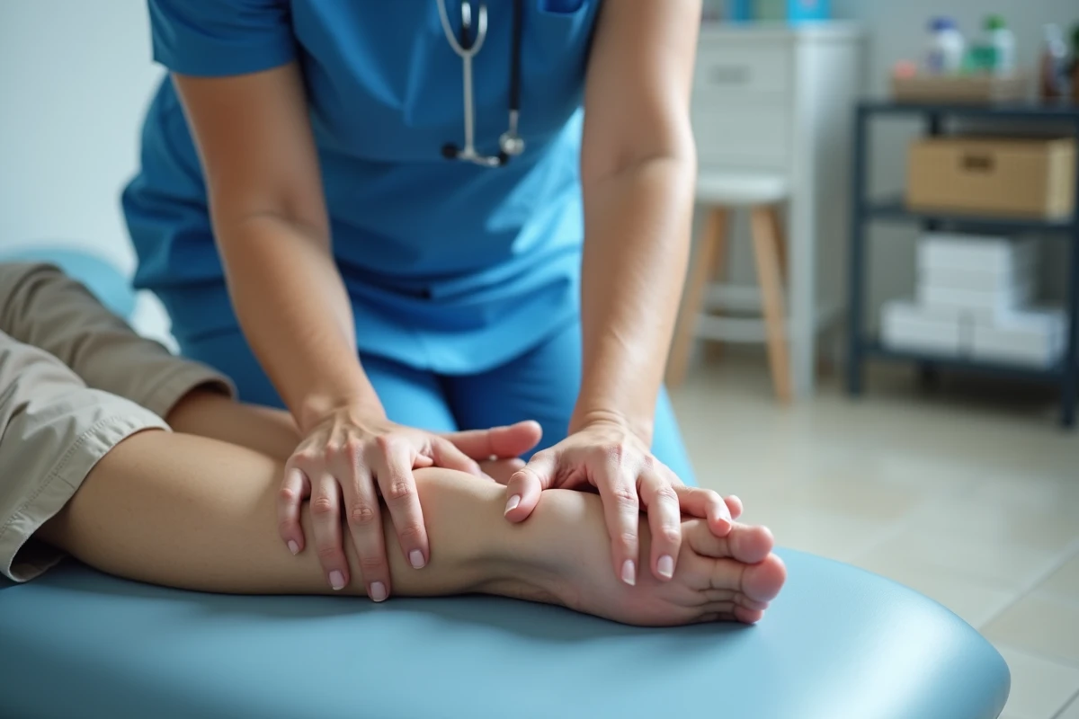 Kinésithérapeute massant le côté extérieur du pied gauche d'un patient pour soulager une douleur latérale