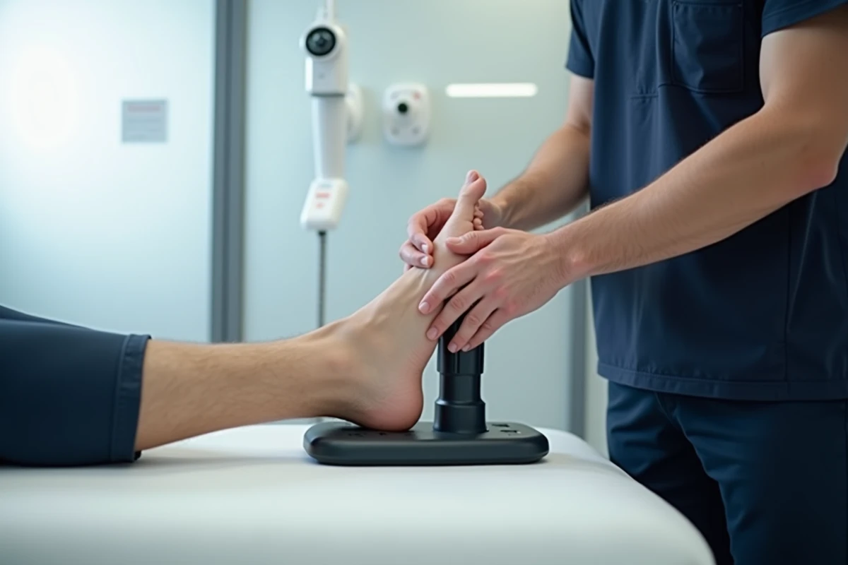Kinésithérapeute utilisant un masseur de pieds roulant pour traiter la fasciite plantaire en cabinet médical