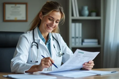 Médecin femme analysant les résultats d'une prise de sang avec un faible taux de TCMH dans un cabinet médical moderne