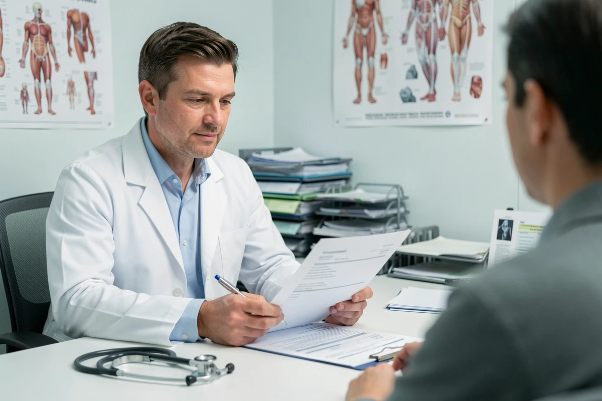 Médecin généraliste rédigeant un arrêt maladie pour un patient atteint de grippe, avec documents médicaux sur le bureau