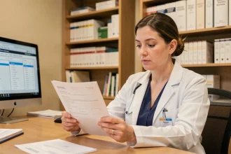 Médecin femme consultant des documents administratifs liés au passage du numéro ADELI au RPPS dans un bureau médical
