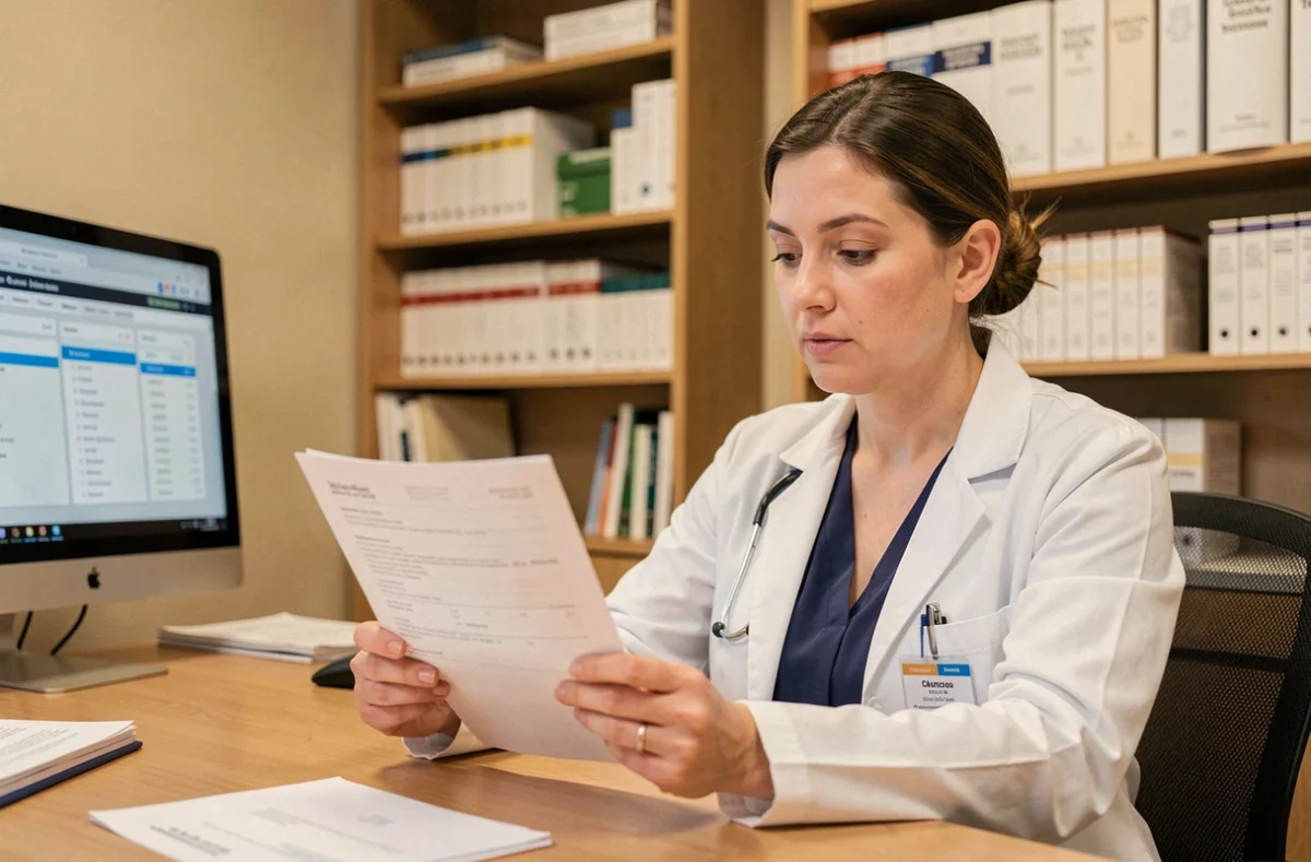 Médecin femme consultant des documents administratifs liés au passage du numéro ADELI au RPPS dans un bureau médical